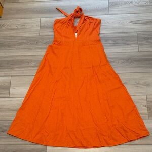 Linen Vibrant Orange Halter Maxi Dress
